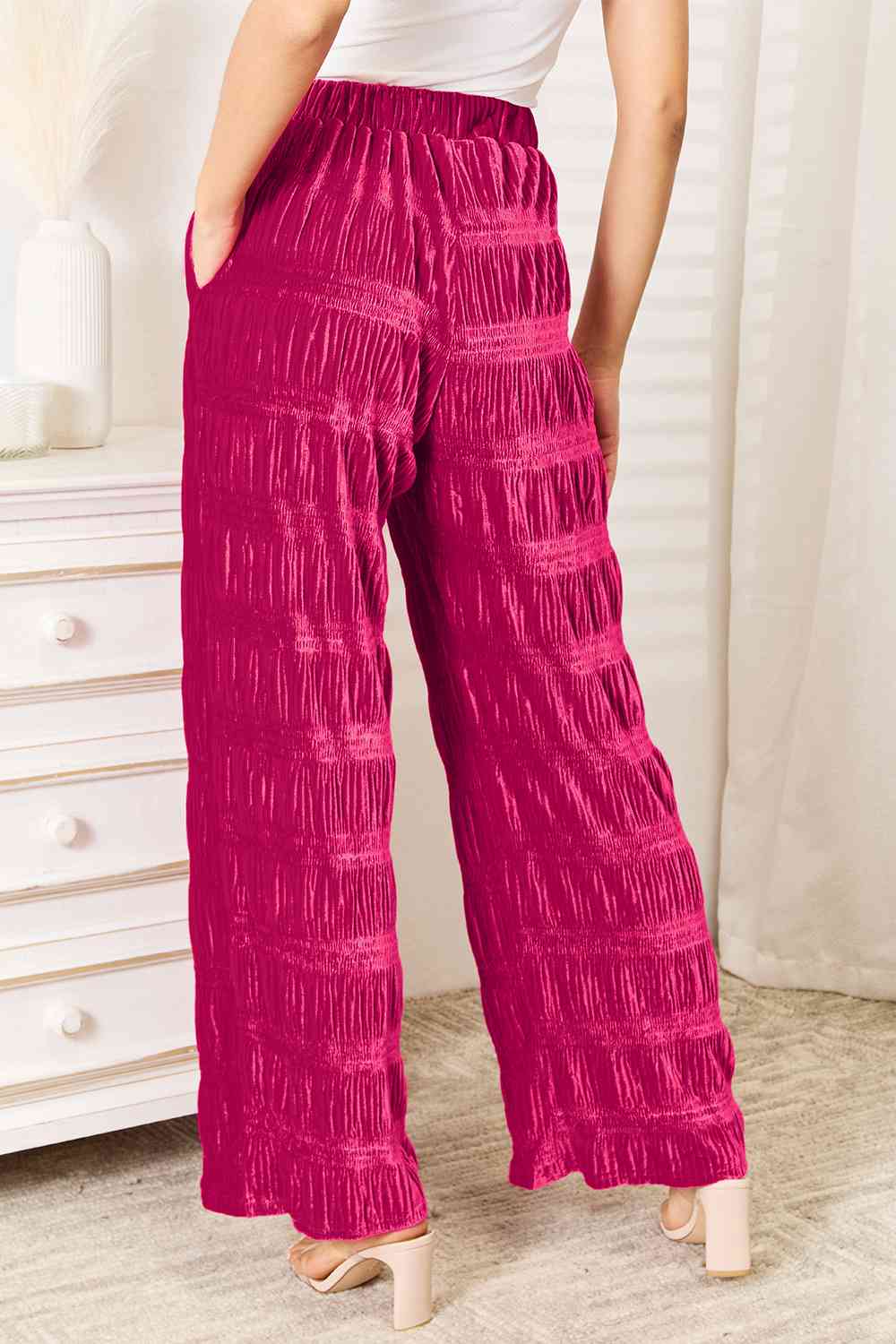 Double Take Full Size High Waist Tiered Shirring Velvet Wide Leg Pants - Premium  from Trendsi - Just $33! Shop now at noTORIous + co