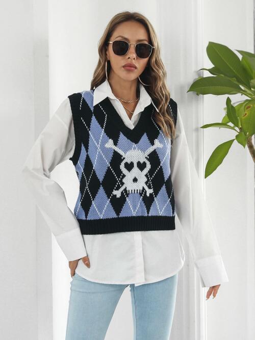 Skull Geometric V-Neck Sweater Vest - Premium Jacket from Trendsi - Just $23! Shop now at noTORIous + co