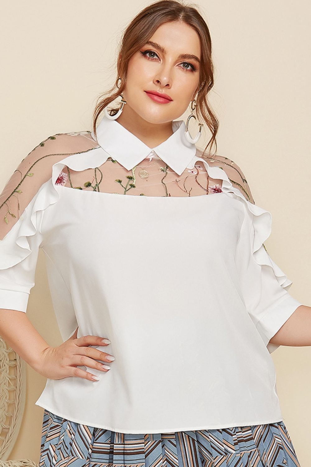 Plus Size Embroidered Ruffle Trim Collared Half Sleeve Blouse - Premium Tops from Trendsi - Just $28.00! Shop now at noTORIous + co