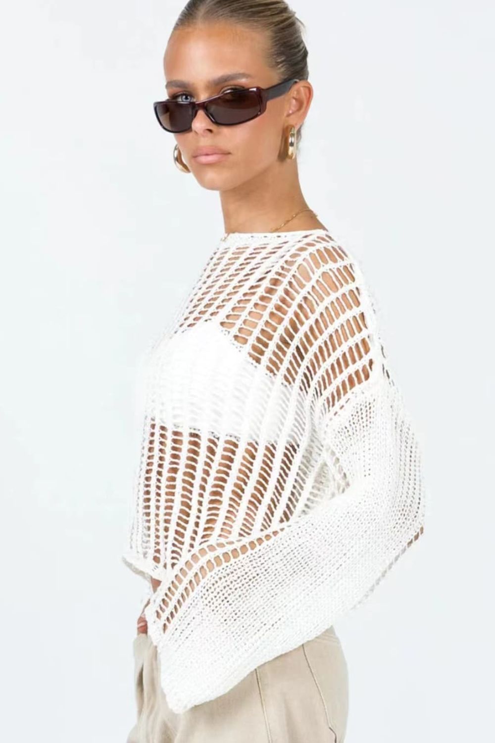 Openwork Boat Neck Long Sleeve Cover Up - Premium Tops from Trendsi - Just $25.00! Shop now at noTORIous + co