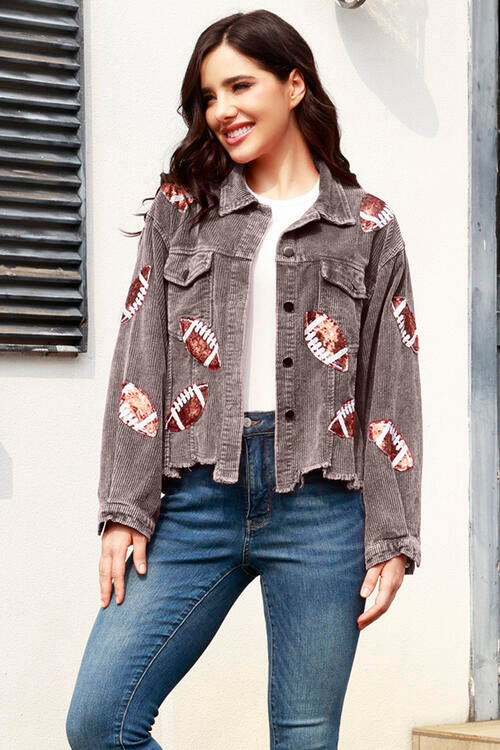 Football Sequin Raw Hem Collared Neck Jacket - Premium Tops from Trendsi - Just $52! Shop now at noTORIous + co