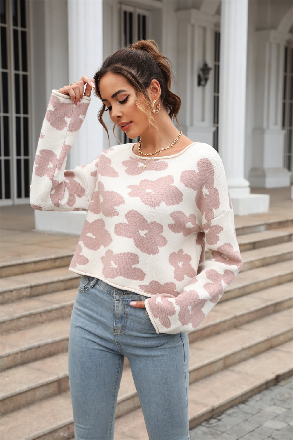 Round Neck Flower Pattern Dropped Shoulder Pullover Sweater - Premium  from Trendsi - Just $39.00! Shop now at noTORIous + co