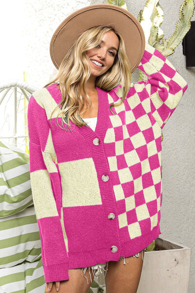BiBi Button Up Checkered Contrast Cardigan - Premium Tops from Trendsi - Just $45! Shop now at noTORIous + co
