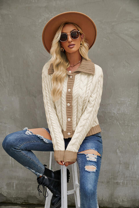 Contrast Collared Neck Cable-Knit Cardigan - Premium  from Trendsi - Just $41! Shop now at noTORIous + co