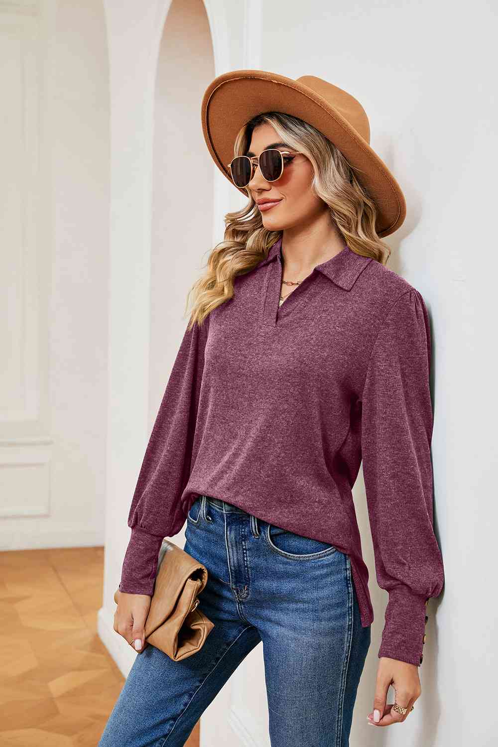 Johnny Collar Long Sleeve Top - Premium Blouse from Trendsi - Just $23! Shop now at noTORIous + co